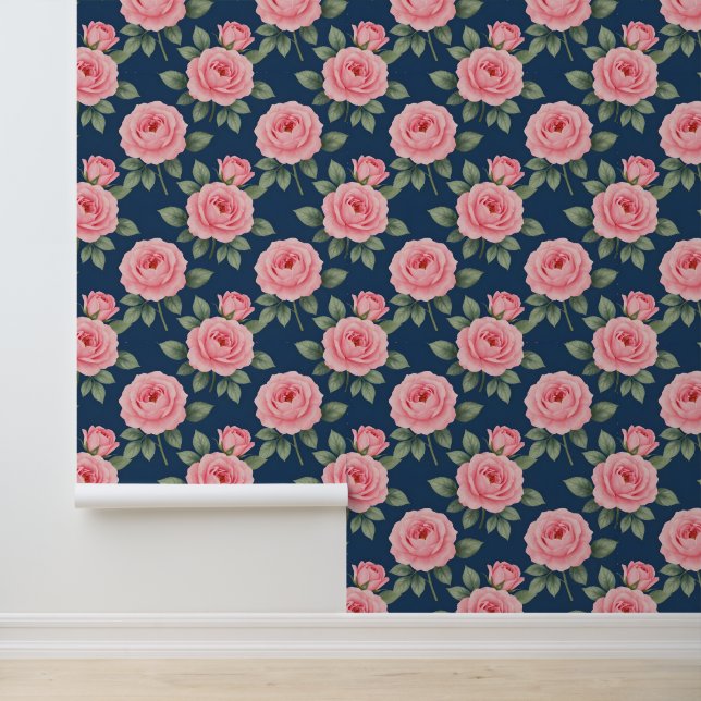 Lush pink roses botanical pattern wallpaper (Application)