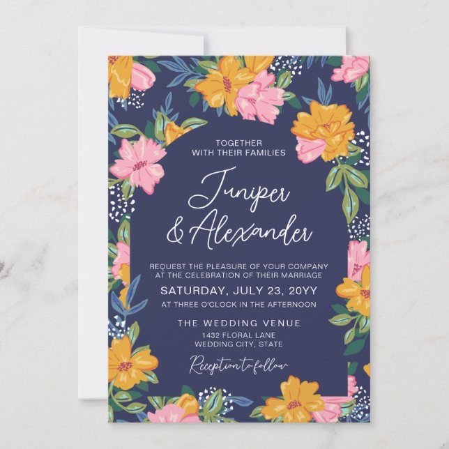 Lush Pink Yellow Flowers Dark Blue Wedding Invitation (Front)