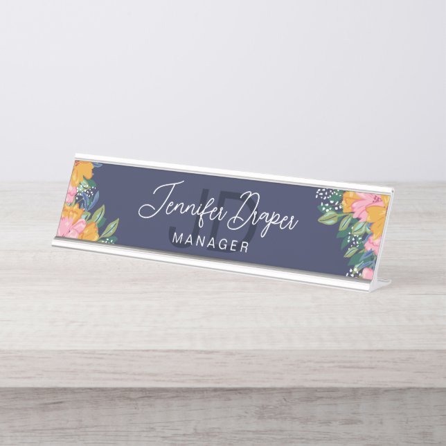 Lush Pink Yellow Flowers Name & Initials Desk Name Plate (Front)