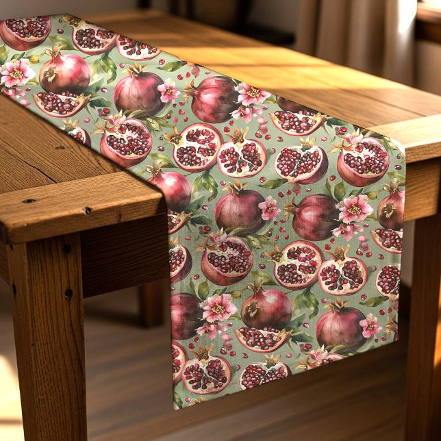 Lush Pomegranate Fruit and Flowers Pattern Short Table Runner (Creator Uploaded)