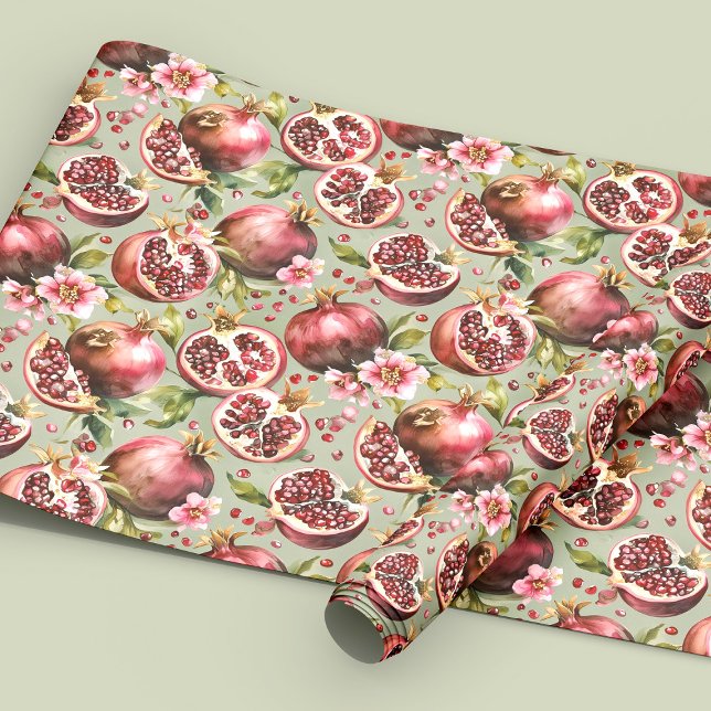 Lush Pomegranate Fruit and Flowers Pattern Wrapping Paper (Creator Uploaded)