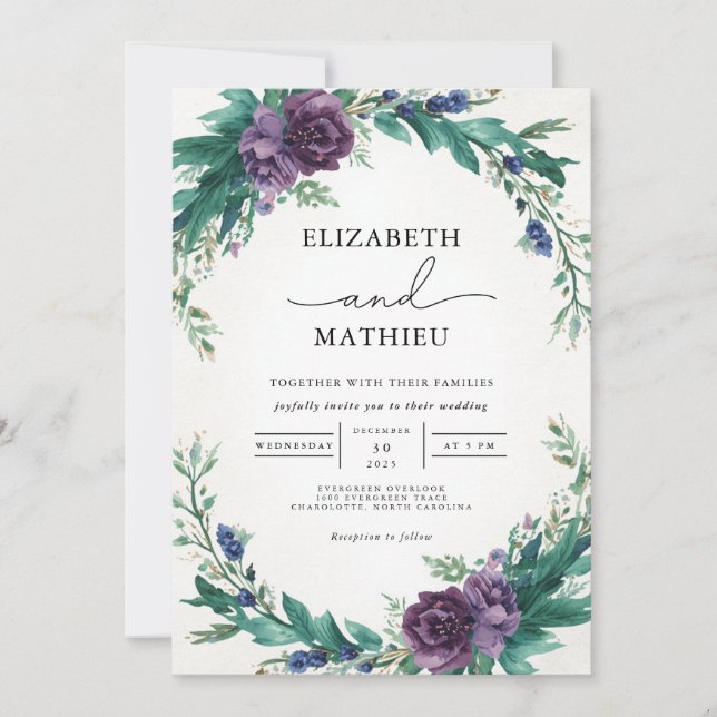 Lush Purple Botanical Wreath Wedding Invitation (Front)