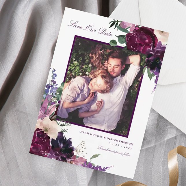 Lush Purple Flowers | Romantic Photo Save Our Date Announcement (Creator Uploaded)