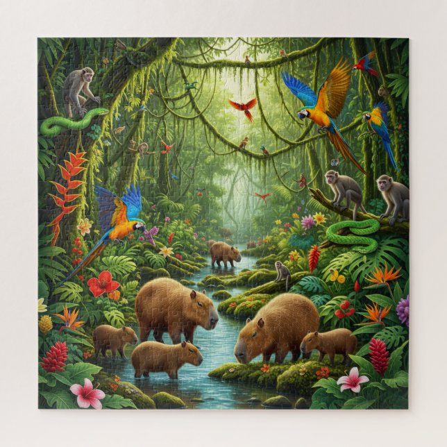 Lush rainforest scene teeming with capybaras jigsaw puzzle (Vertical)