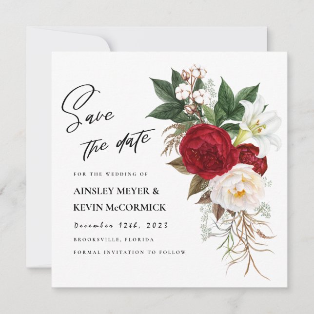 Lush Red Floral Monogram Wedding Save The Date (Front)