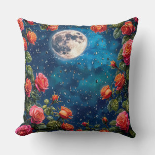 Lush Roses Framing a Full Moon in a Starry Night Cushion