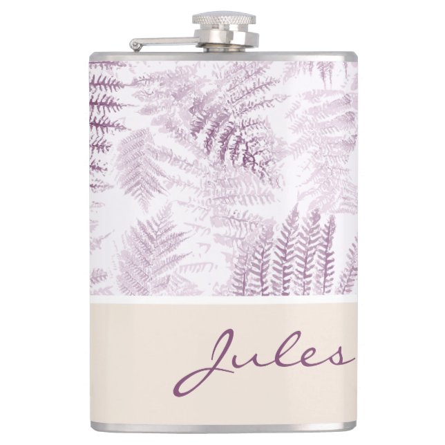 Lush Serene Pink Ferns on Orange Hip Flask (Front)