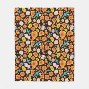 Lush Spring Floral and Birds on dark background Fleece Blanket