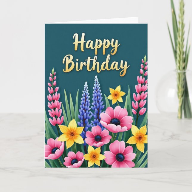 Lush Teal Birthday Bloom Card (Front)