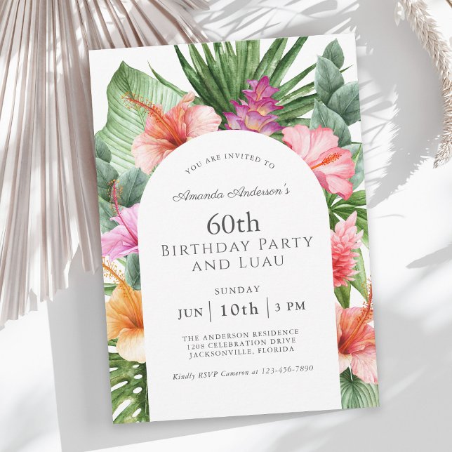 Lush Tropical Floral 60th Birthday Party and Luau Invitation (Available as printed or paperless digital download invitations!)