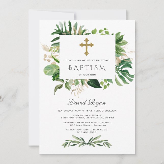 Lush Tropical Foliage Gold Cross Boy Baptism Invitation (Front)