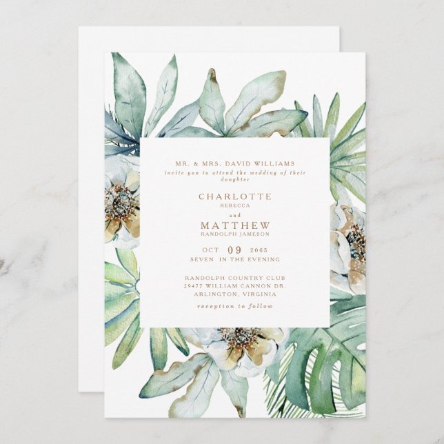  Lush Tropical Foliage White Wedding Invitation (Front/Back)