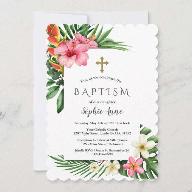 Lush Tropical Garden Flowers Bloom Girl Baptism Invitation (Front)