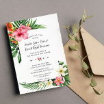 Lush Tropical Garden Flowers Bloom Wedding Invitation<br><div class="desc">Modern and elegant design featuring gorgeous watercolour tropical flowers (hibiscus,  frangipani,  protea,  orchid and greenery),  floral divider; on the back round floral frame,  initials. Use Personalise tool to add your info,  make changes. For matching items,  please,  visit my Tropical Flowers Bloom Collection.</div>