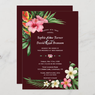 Lush Tropical Garden Flowers Deep Burgundy Wedding Invitation