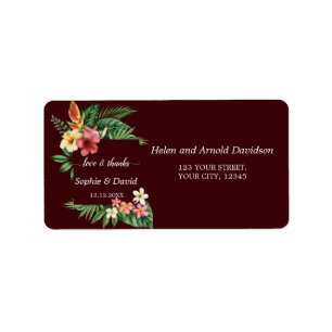 Lush Tropical Garden Flowers Deep Burgundy Wedding Label