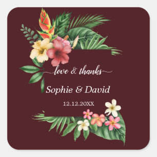 Lush Tropical Garden Flowers Deep Burgundy Wedding Square Sticker