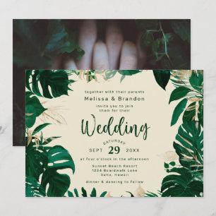 Lush Tropical Greenery and Gold Horizontal Wedding Invitation