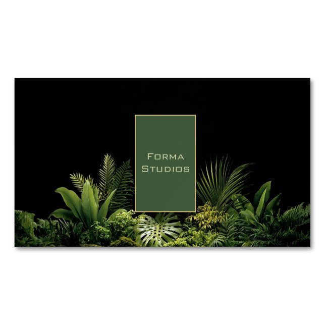 Lush Tropical Greenery Black Gold Frame Botanical Magnetic Business Card (Front)