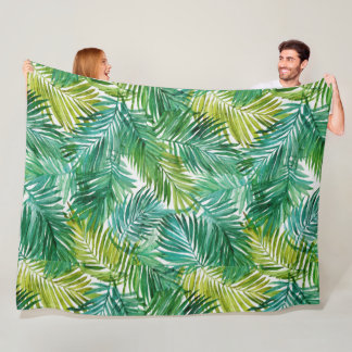 Lush Tropical Island Green Palm Leaf Watercolor Fleece Blanket