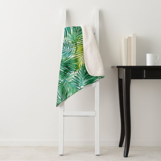 Lush Tropical Island Green Palm Leaf Watercolor  Sherpa Blanket (In Situ)