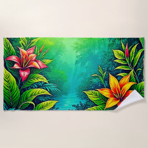Lush Tropical Jungle Oasis Design Beach Towel