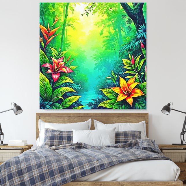 Lush Tropical Jungle Oasis Design Canvas Print (Insitu(Bedroom))