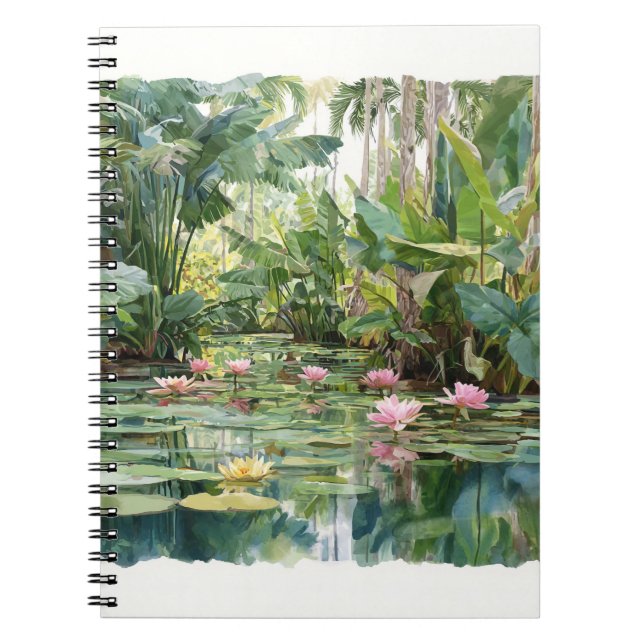 Lush Tropical Lily Pond Botanical Art Notebook (Front)