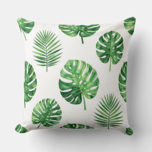 Lush Tropical Monstera and Palm Leaf Seamless Wate Cushion