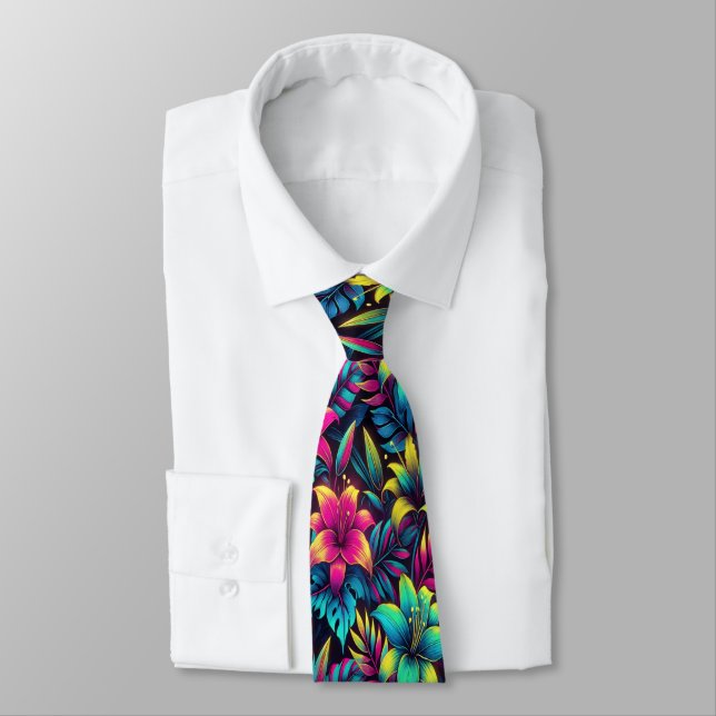 Lush Tropical Neon Flowers in Full Bloom Tie (Tied)