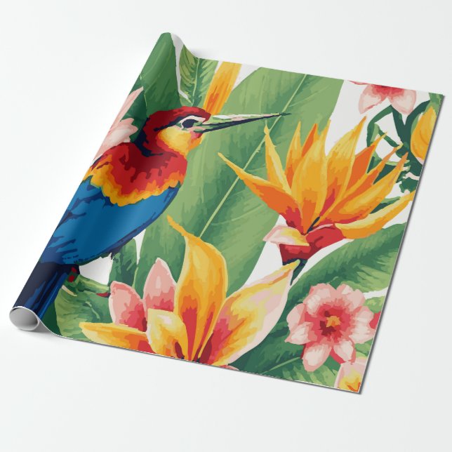 Lush Tropical Plants with Exotic Bird Pattern Wrapping Paper (Unrolled)