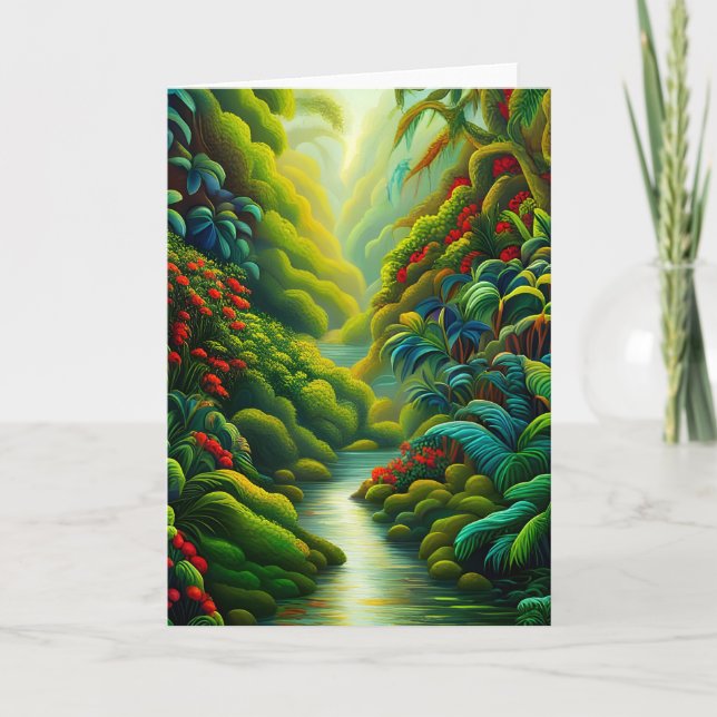 Lush Tropical Rainforest with Flowers and Stream Card (Front)
