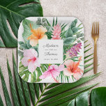 Lush Tropical Watercolor Floral with Names Paper Plate<br><div class="desc">A beautifully lush tropical watercolor wedding design with colourful floral elements including hibiscus blooms, ginger flowers and a variety of tropical foliage. The looks is vibrant and alive and sets the tone for your wedding, or other celebration in aloha style. Personalise the easy-to-use text template with your details. These paper...</div>