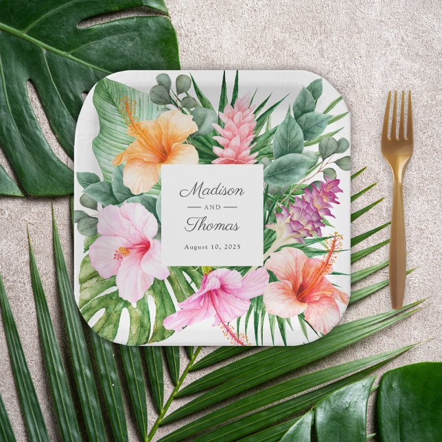Lush Tropical Watercolor Floral with Names Paper Plate (A tropical paper plate design to celebrate the bride and groom.)