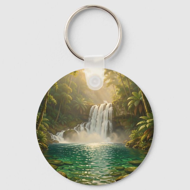Lush Tropical Waterfall Jungle Paradise Key Ring (Front)