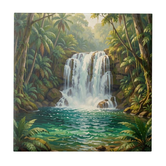 Lush Tropical Waterfall Oasis Tile (Front)