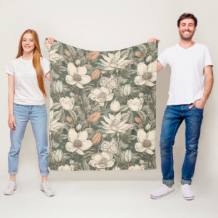 Lush Vintage Magnolia Floral Botanical Fleece Blanket