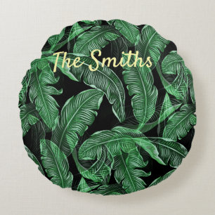 Lush Warm Jungle Leaves Round Cushion