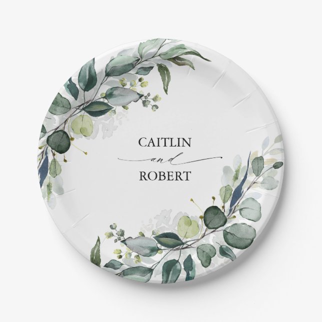 Lush Watercolor Eucalyptus Greenery Elegant Paper Plate (Front)
