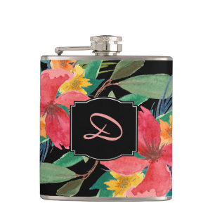 Lush Watercolor Floral Monogram Hip Flask