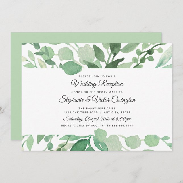 Lush Watercolor Greenery wedding reception only Invitation (Front/Back)