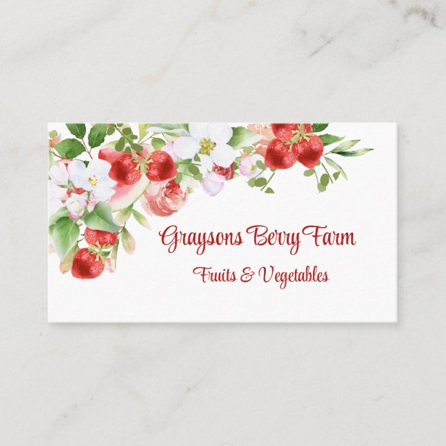 Lush Watercolor Strawberry Vine with Flowers Business Card (Front)