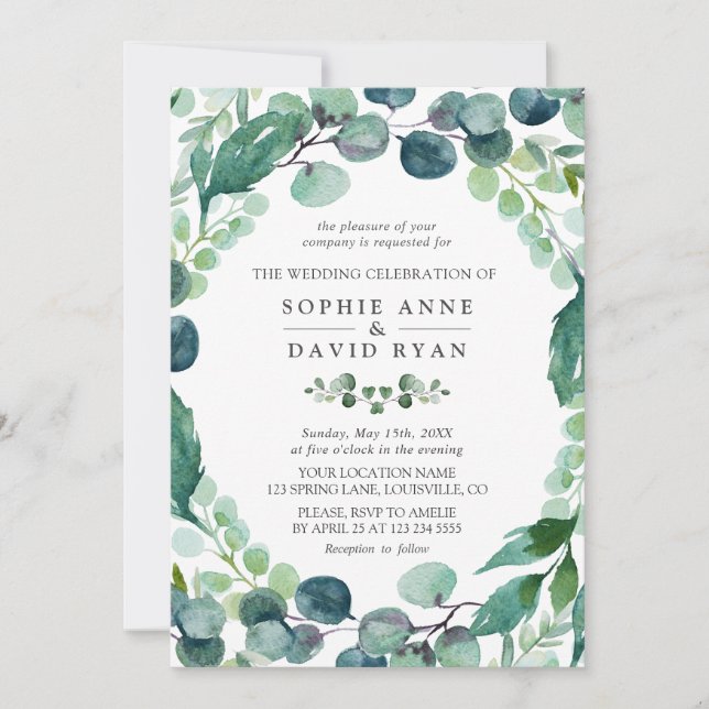 Lush Watercolour Eucalyptus Greenery Wedding Invitation (Front)