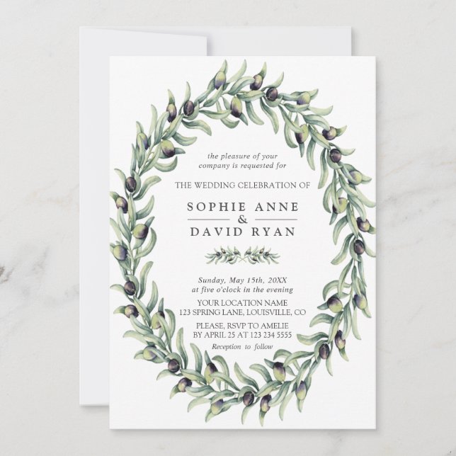Lush Watercolour Olive Branches Wreath Wedding Invitation (Front)