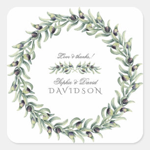 Lush Watercolour Olive Branches Wreath Wedding Square Sticker