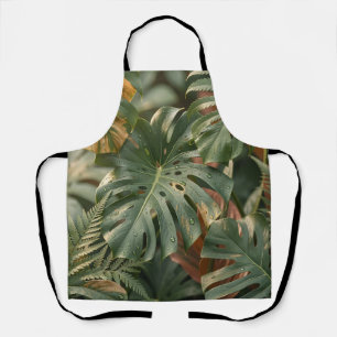Lush Wet Monstera Leaves Ferns Tropical Jungle Apron