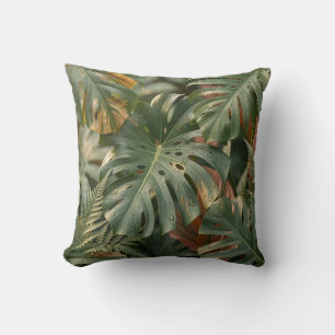 Lush Wet Monstera Leaves Ferns Tropical Jungle Cushion