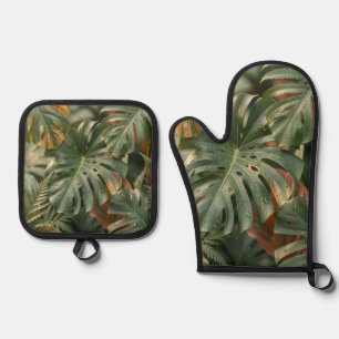Lush Wet Monstera Leaves Ferns Tropical Jungle Oven Mitt & Pot Holder Set