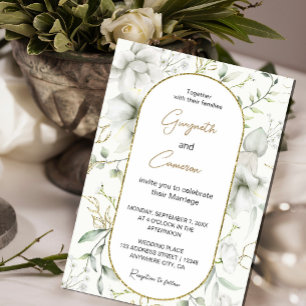 Lush White Flowers and Gold Leaves Invitation