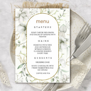 Lush White Flowers and Gold Leaves Menu Invitation